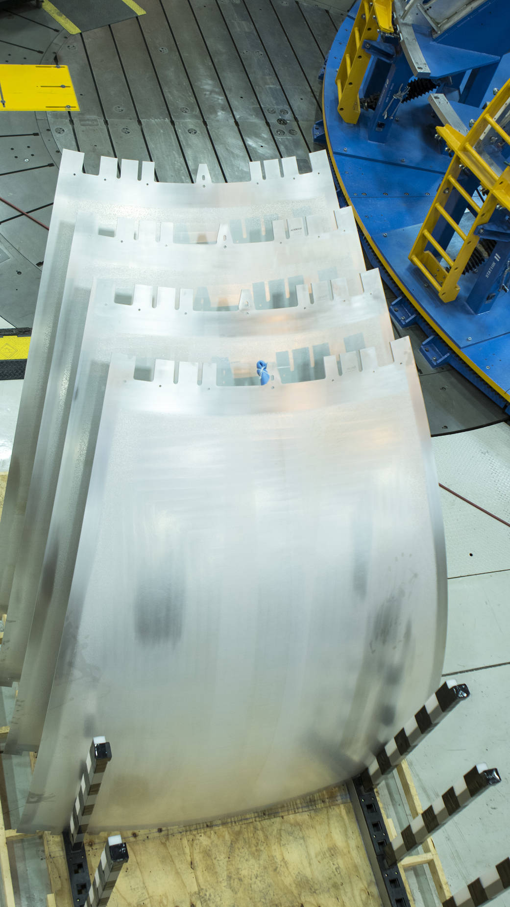 Aluminum gore panels stacked in a manufacturing area